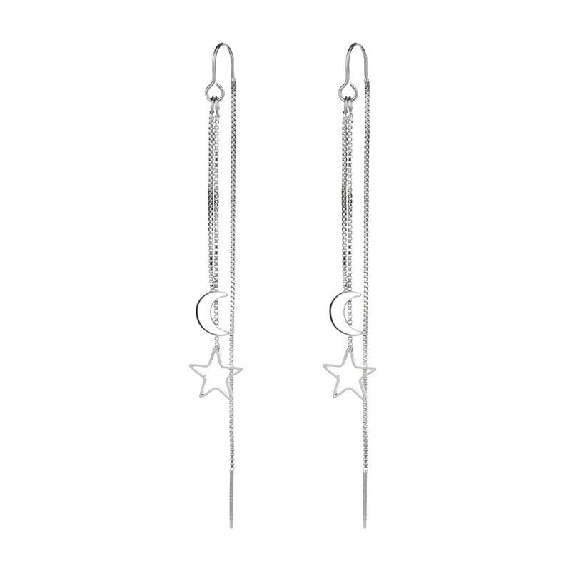 Asymmetric 925 Sterling Silver Women's Earrings Long Star Moon Party Jewelry Gift-Jewearrings