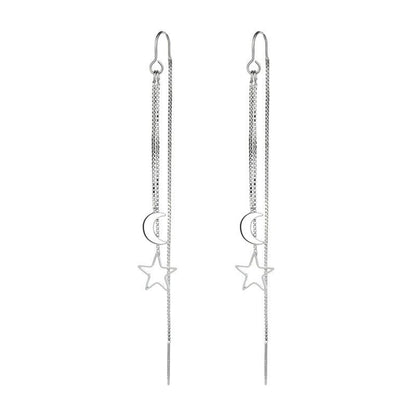 Asymmetric 925 Sterling Silver Women's Earrings Long Star Moon Party Jewelry Gift-Jewearrings