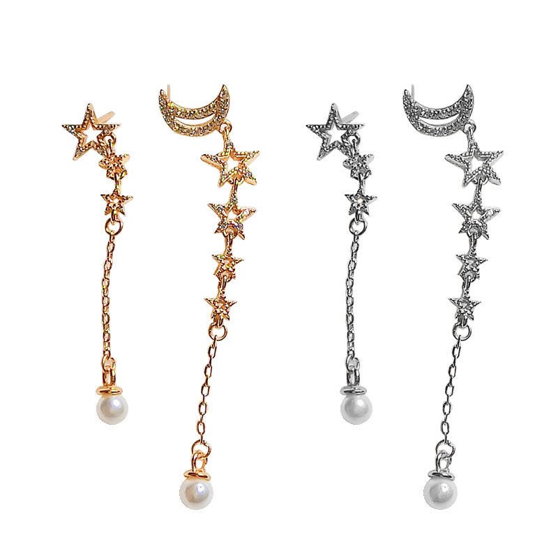 Asymmetric CZ Cresent Moon Stars Shell Pearl 925 Sterling Silver Dangling Earrings-Jewearrings