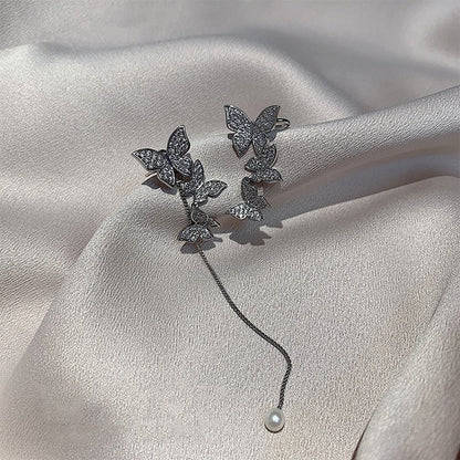 Asymmetric Full Diamond Butterfly Earrings Female 925 Silver Needle Long Earrings-Jewearrings