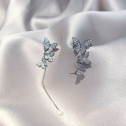 Asymmetric Full Diamond Butterfly Earrings Female 925 Silver Needle Long Earrings-Jewearrings