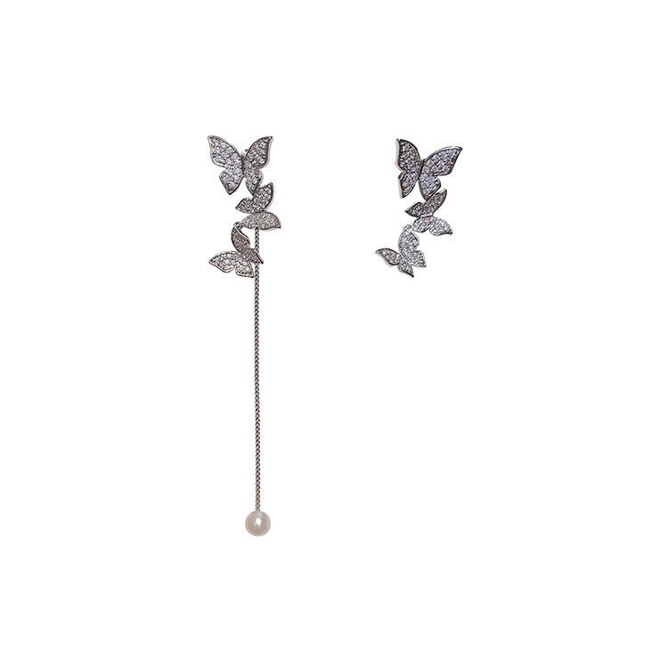 Asymmetric Full Diamond Butterfly Earrings Female 925 Silver Needle Long Earrings-Jewearrings