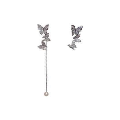 Asymmetric Full Diamond Butterfly Earrings Female 925 Silver Needle Long Earrings-Jewearrings