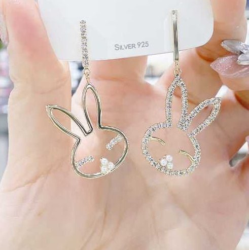 Asymmetrical Bunny Earrings Silver Needle Fashion Temperament Personality Long Tassel Earrings Round Face Shows Thin Face-Jewearrings