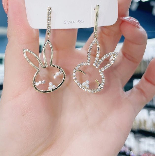 Asymmetrical Bunny Earrings Silver Needle Fashion Temperament Personality Long Tassel Earrings Round Face Shows Thin Face-Jewearrings