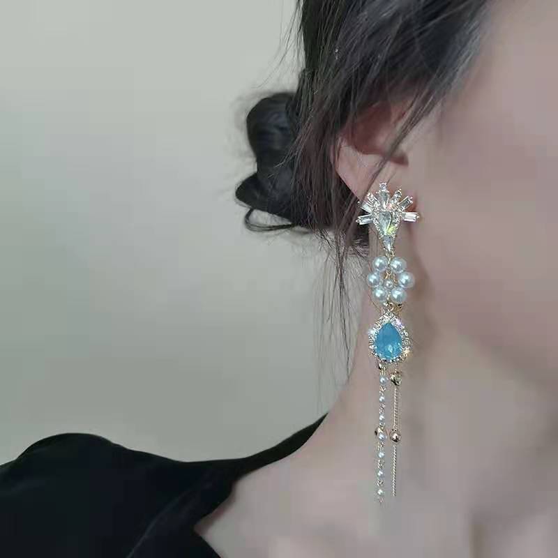 Asymmetrical Earrings Female Snowflake Drop Pearl Tassel Earrings-Jewearrings