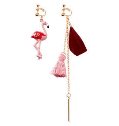 Asymmetrical flamingo red feather long tassel earrings wild ear clip without pierced ears-Jewearrings