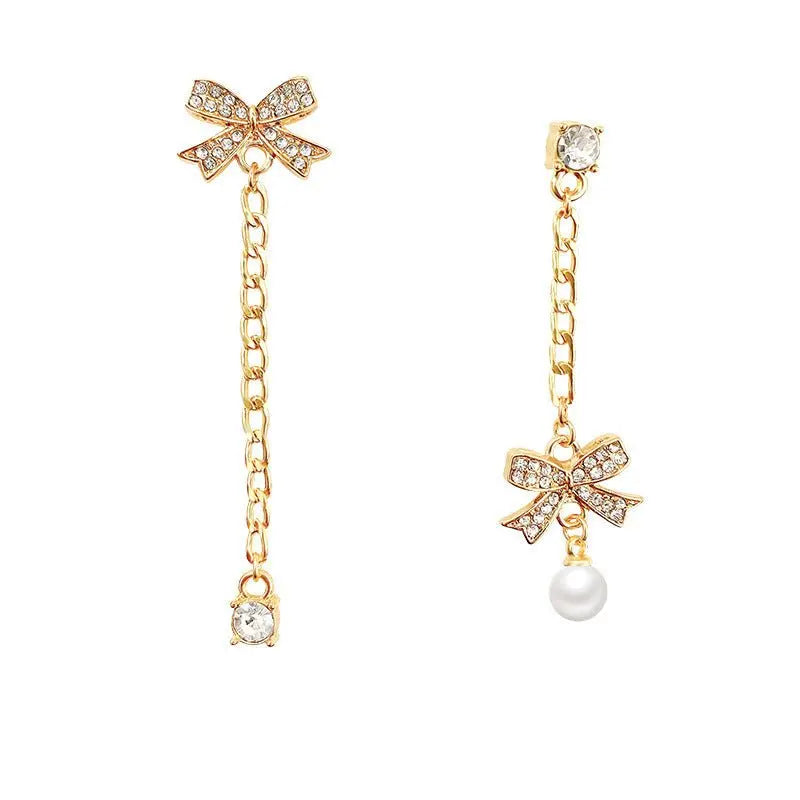 Asymmetrical Pearl Bow Earrings With Diamond Tassel-Jewearrings