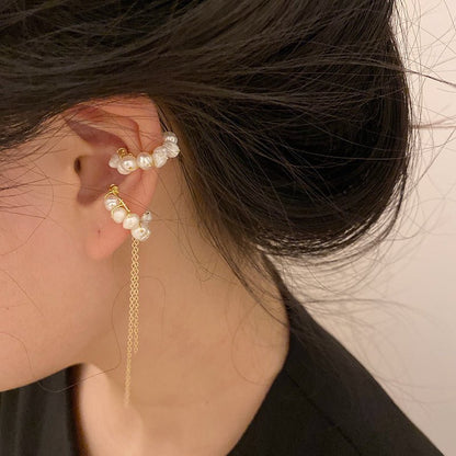 Asymmetrical Pearl Tassel Ear Clip Without Pierced Female Ear Bone Clip Earrings-Jewearrings