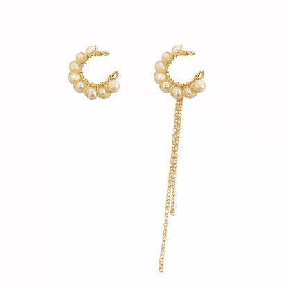 Asymmetrical Pearl Tassel Ear Clip Without Pierced Female Ear Bone Clip Earrings-Jewearrings