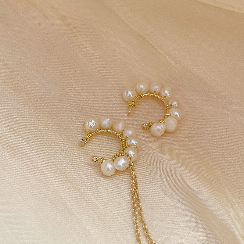 Asymmetrical Pearl Tassel Ear Clip Without Pierced Female Ear Bone Clip Earrings-Jewearrings