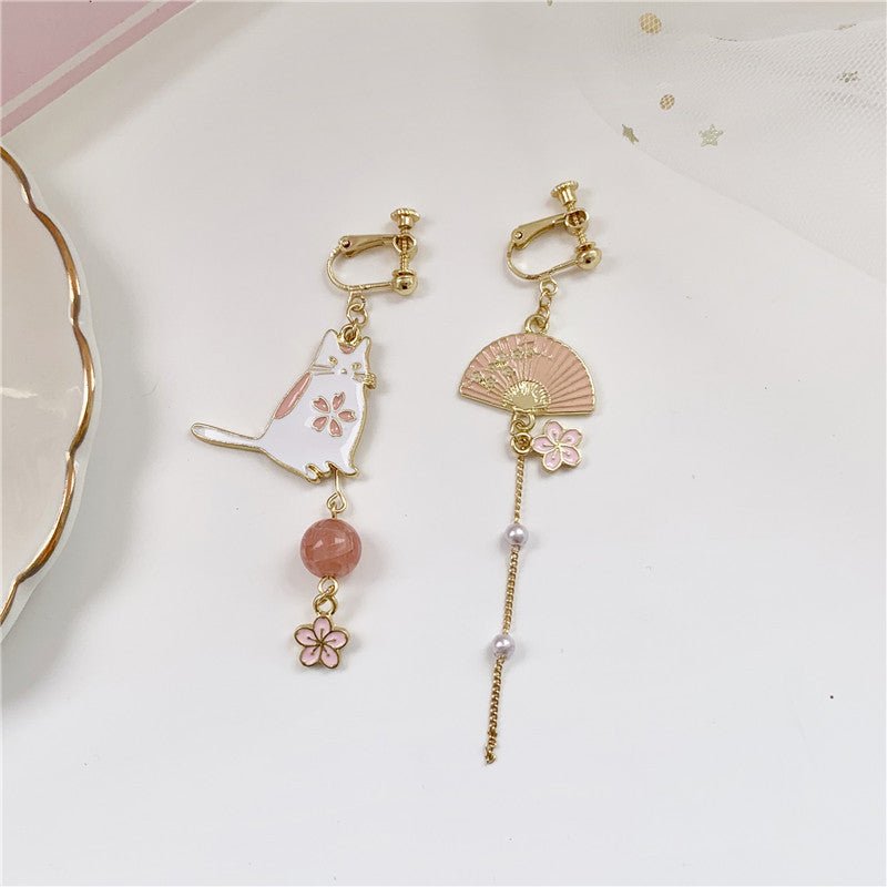 Asymmetrical Stud Earrings Flower Tassel Earring Ear Clip-Jewearrings