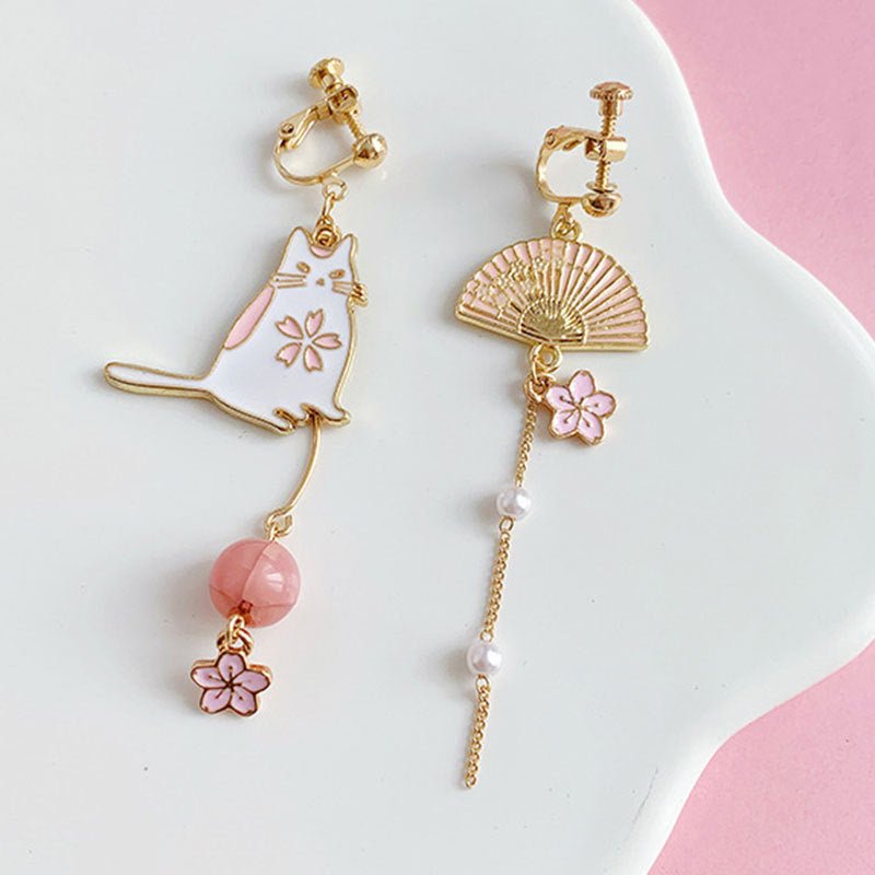 Asymmetrical Stud Earrings Flower Tassel Earring Ear Clip-Jewearrings