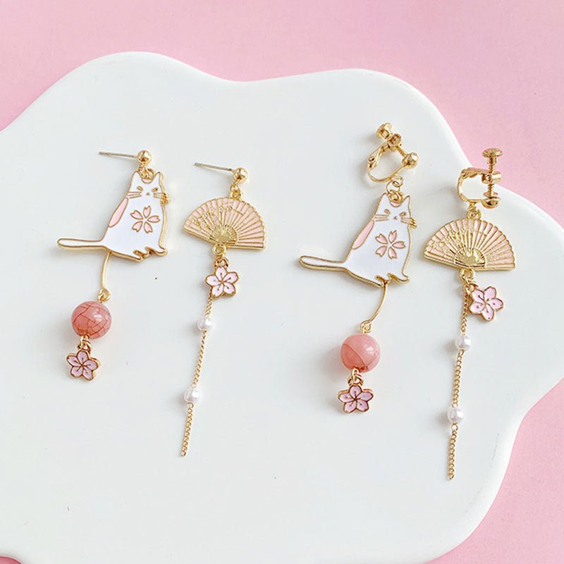 Asymmetrical Stud Earrings Flower Tassel Earring Ear Clip-Jewearrings