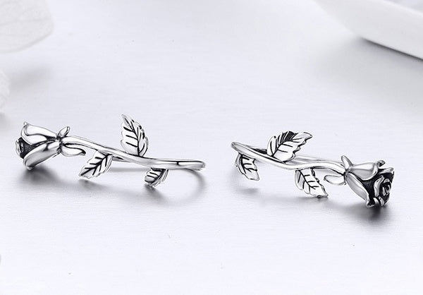 Authentic 100 925 Sterling Silver Rose Flower Plant Stud Earrings For Women Sterling Silver Jewelry Mom Gift SCE380-Jewearrings