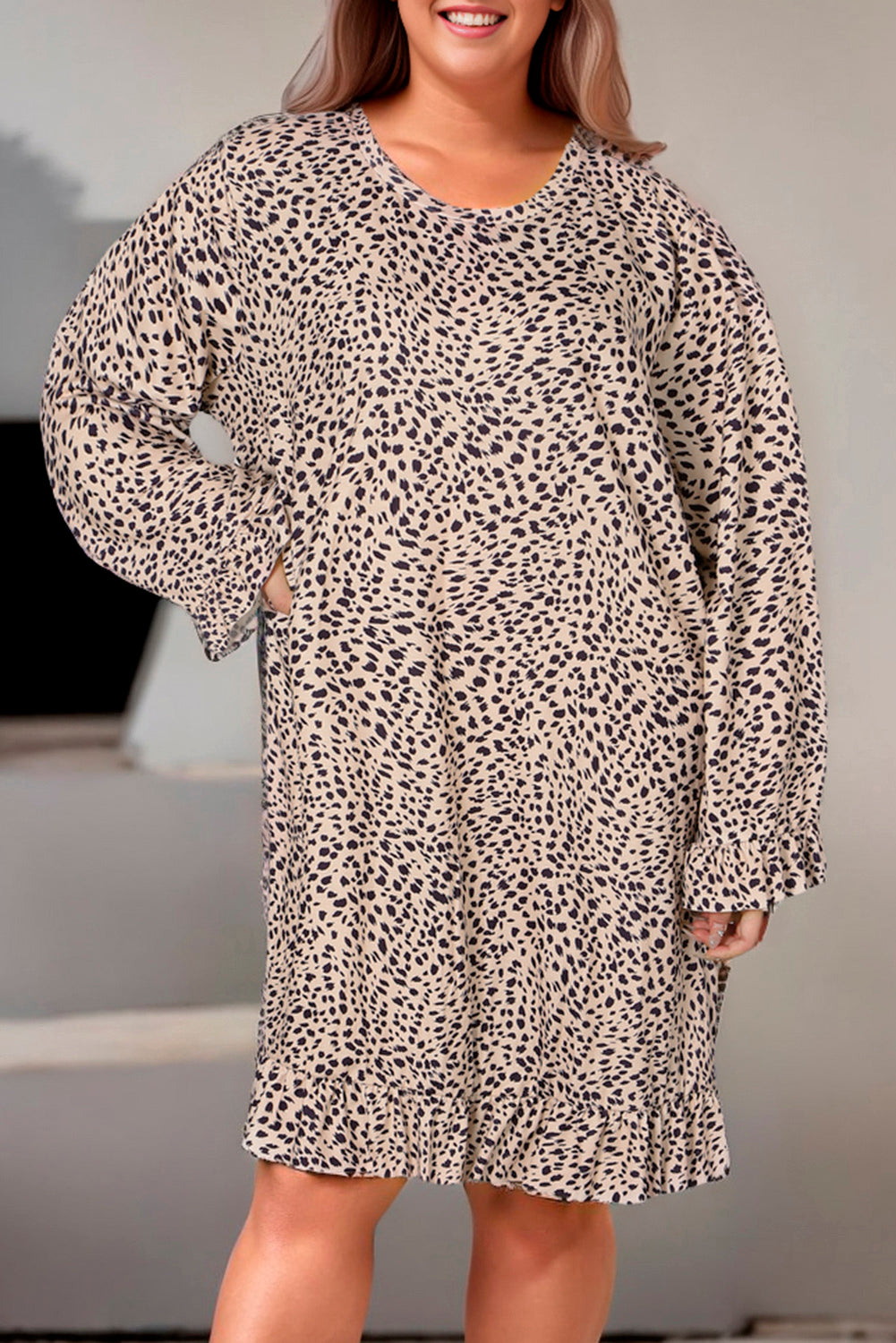 Plus Size Leopard Print Long Sleeve Mini Dress-Jewearrings