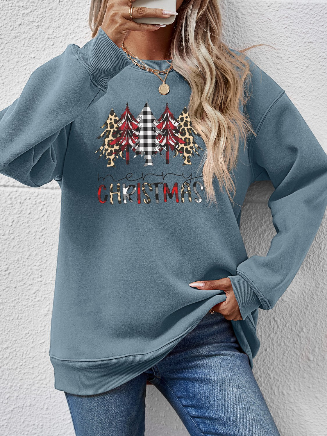 MERRY CHRISTMAS Round Neck Long Sleeve Sweatshirt-Jewearrings