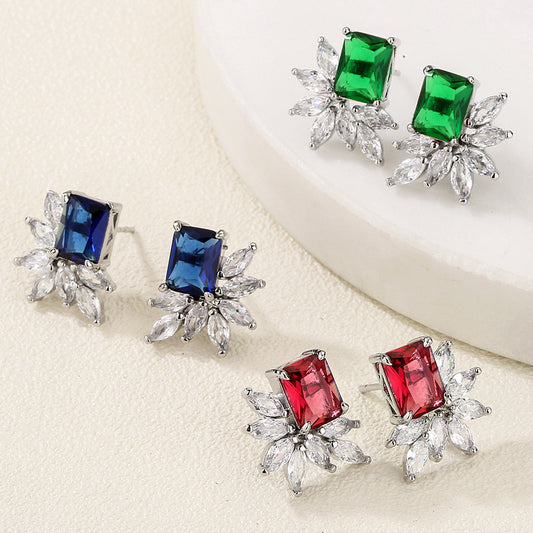 New Colorful Crystals Earrings Women's European And American Luxurious Style Emerald Sapphire Blue Zircon Earrings Vintage Court Style-Jewearrings