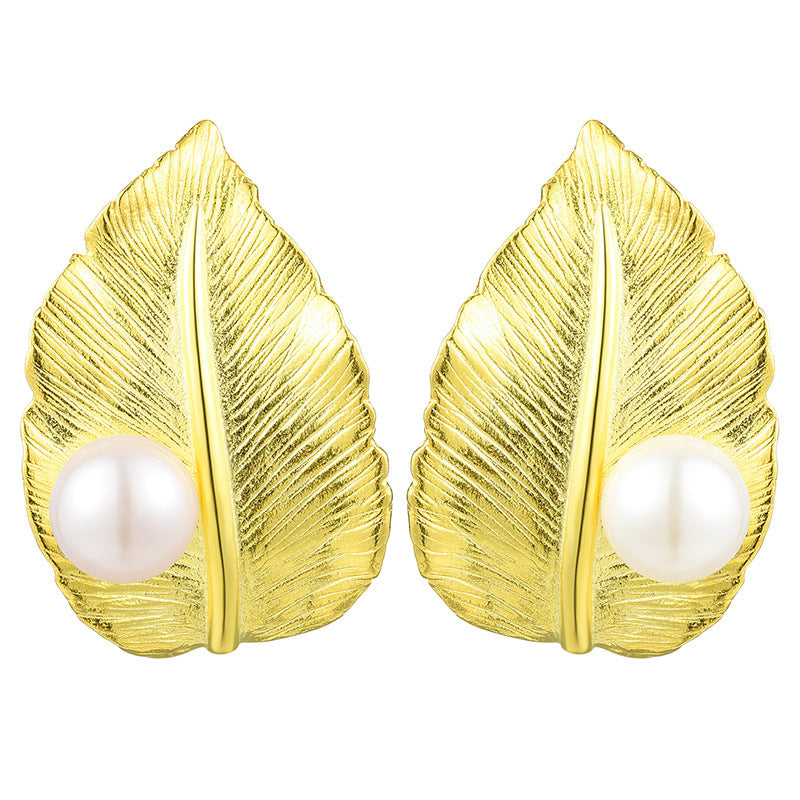 Sterling Silver Leaf Pearl Earrings-Jewearrings