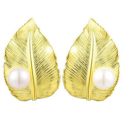 Sterling Silver Leaf Pearl Earrings-Jewearrings