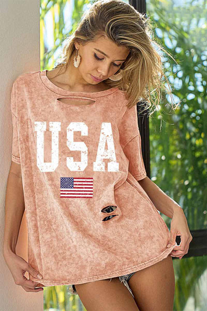 BiBi Washed American Flag Graphic Distressed T-Shirt-Jewearrings