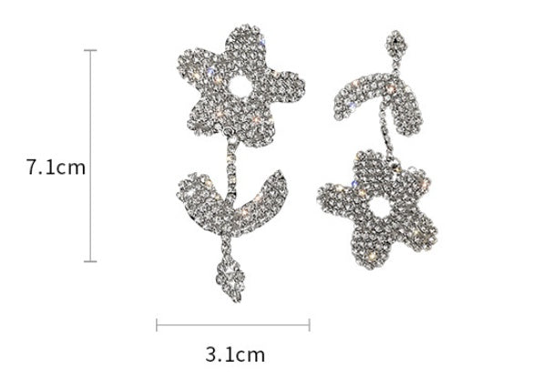 Silver Needle Micro Inlaid Zircon Flower Asymmetrical Earrings-Jewearrings