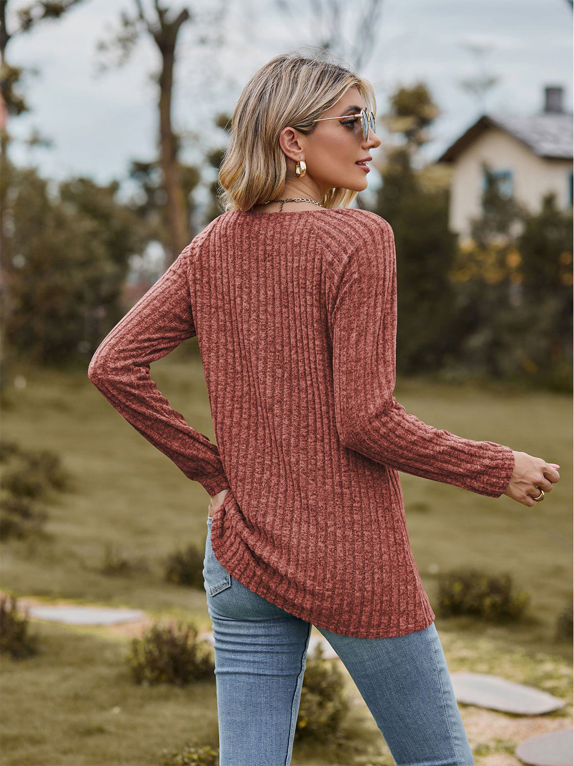 Full Size Ribbed Square Neck Long Sleeve T-Shirt-Jewearrings