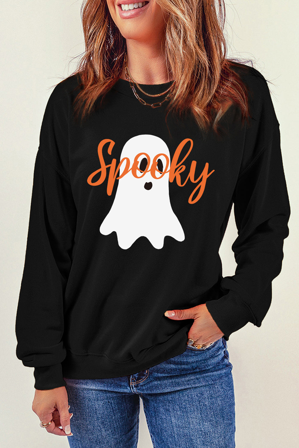 SPOOKY Ghost Graphic Round Neck Sweatshirt-Jewearrings