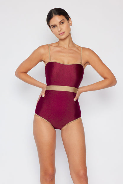 Marina West Swim Wave Break Contrast Trim One-Piece in Wine-Jewearrings