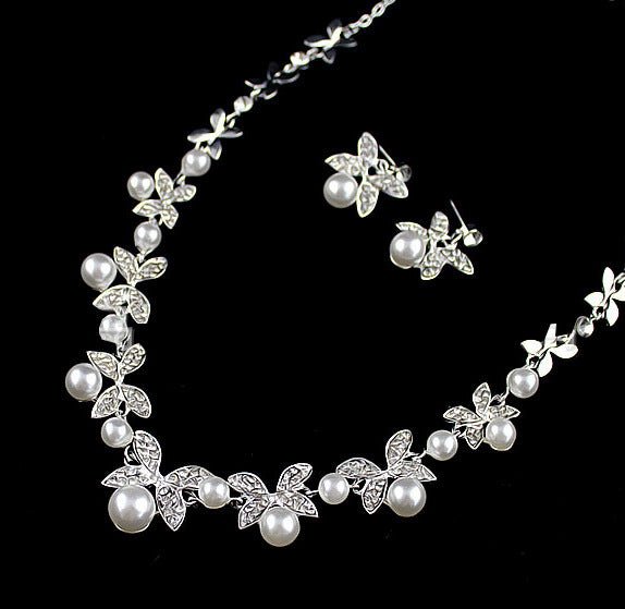 B0879 bride wedding jewelry accessories wholesale fashion diamond pearl necklace earrings set leaves the atmosphere-Jewearrings