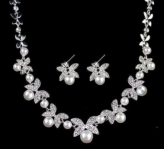 B0879 bride wedding jewelry accessories wholesale fashion diamond pearl necklace earrings set leaves the atmosphere-Jewearrings