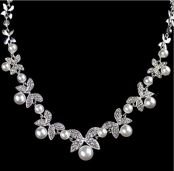 B0879 bride wedding jewelry accessories wholesale fashion diamond pearl necklace earrings set leaves the atmosphere-Jewearrings