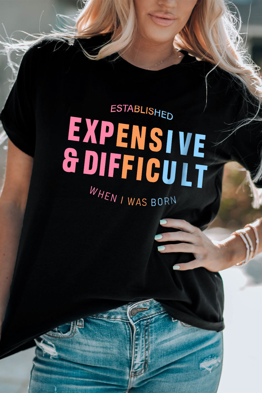 Slogan Graphic Cuffed Sleeve Tee-Jewearrings