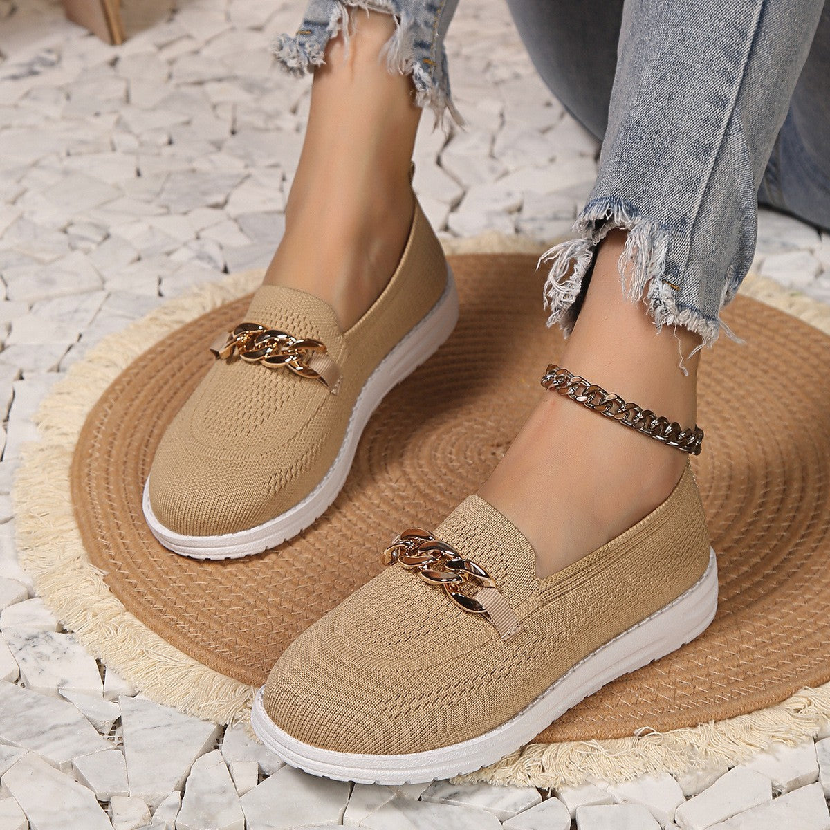 Chain Trim Round Toe Slip-Ons-Jewearrings