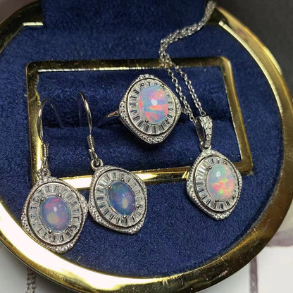 Natural Opal Set 925 Silver Plating Colorful Gemstone Necklace Ring Stud Earrings-Jewearrings