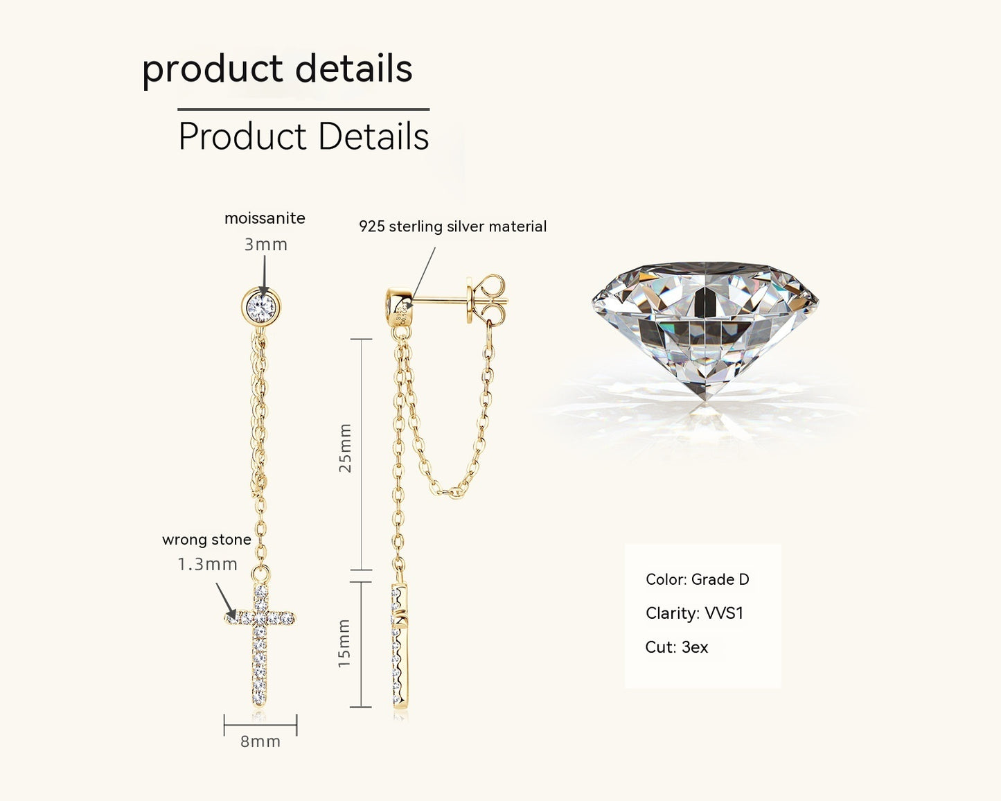 Su Cross Moissanite Ear Stud Female Refined Long Earrings-Jewearrings