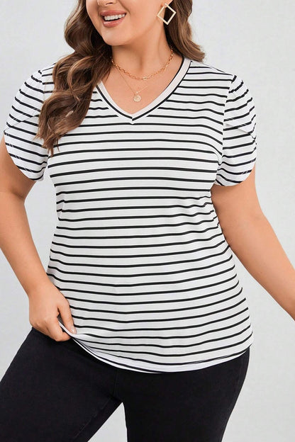 Plus Size Striped V-Neck Short Sleeve T-Shirt-Jewearrings