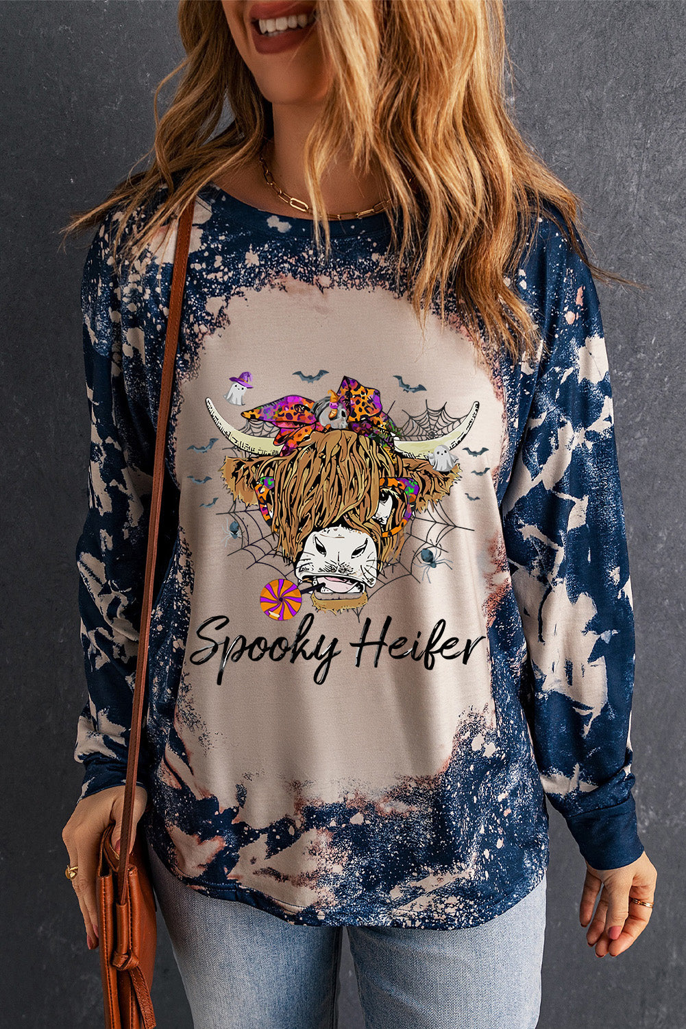 Round Neck Long Sleeve Printed SPOOKY HEIFER Graphic Tee-Jewearrings