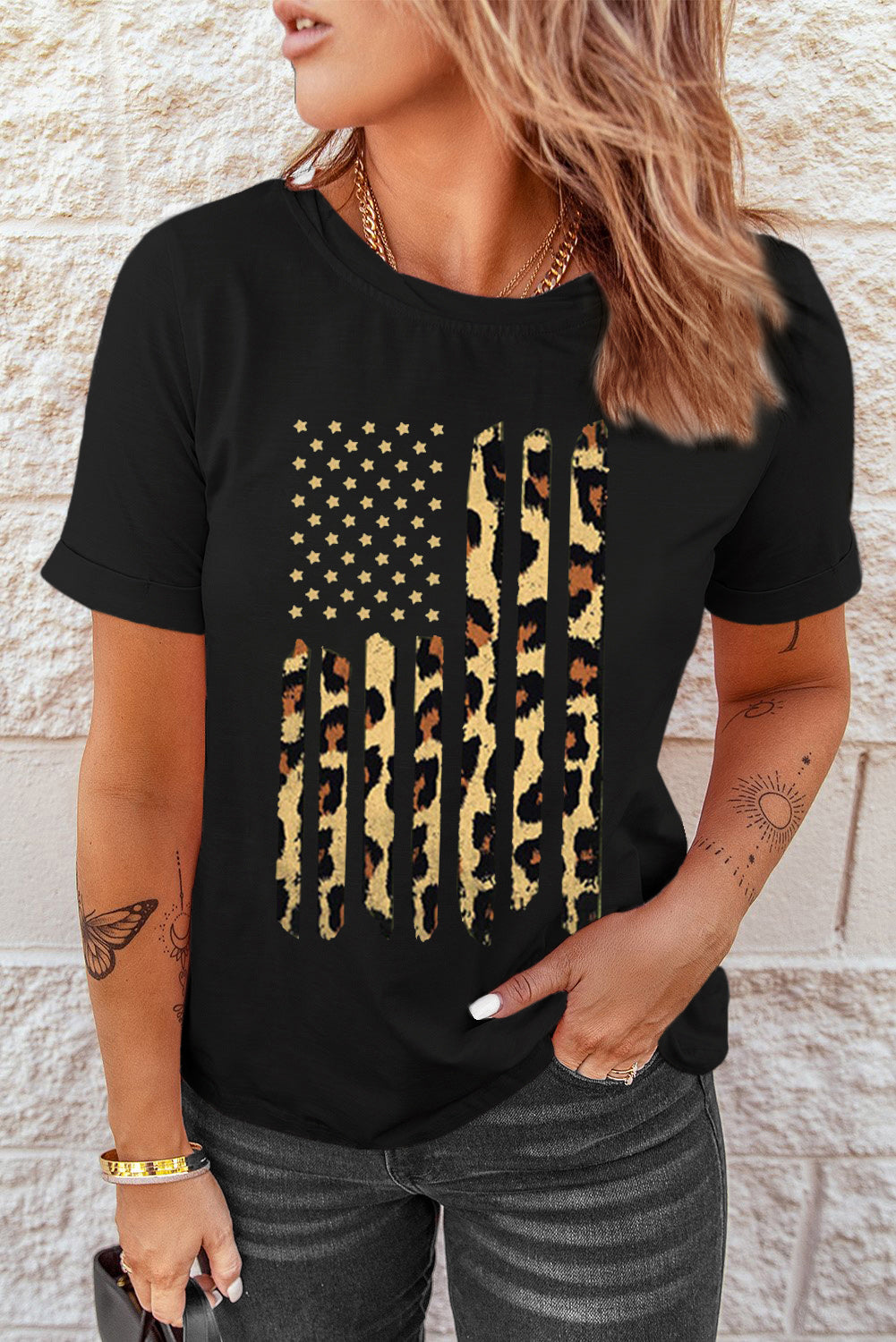 Stars and Stripes Graphic Round Neck Tee-Jewearrings