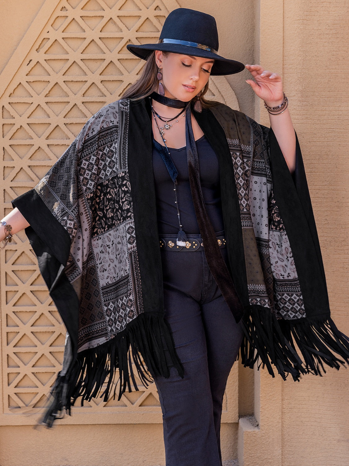 Plus Size Printed Fringe Open Front Outerwear-Jewearrings