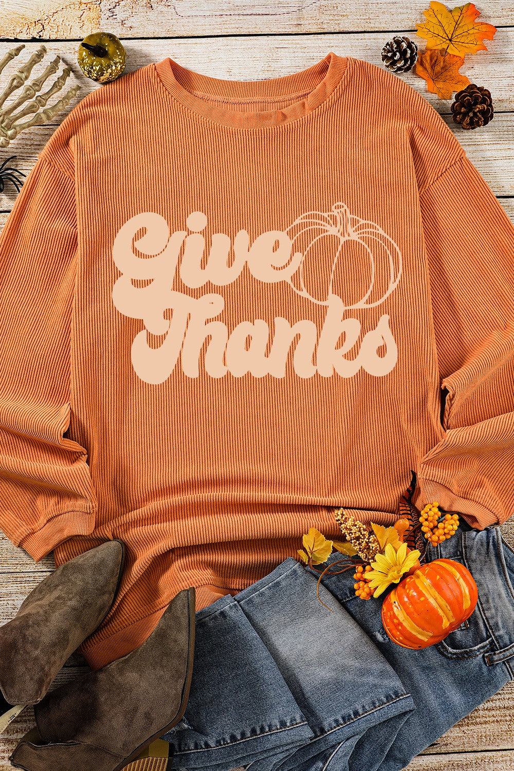 GIVE THANKS Ribbed Round Neck Sweatshirt-Jewearrings