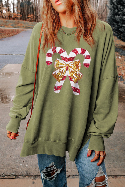 Sequin Candy Cane Round Neck Slit Sweatshirt-Jewearrings