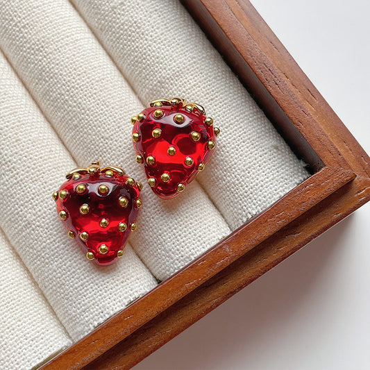 Sweet Cute Strawberry Stud Earrings Gentle Simple Resin-Jewearrings