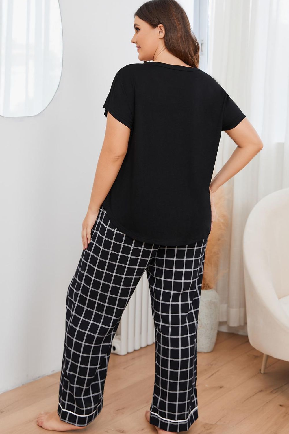 Plus Size V-Neck Top and Plaid Pants Lounge Set-Jewearrings