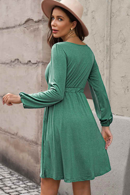 Plus Size Button Front Elastic Waist Long Sleeve Dress-Jewearrings