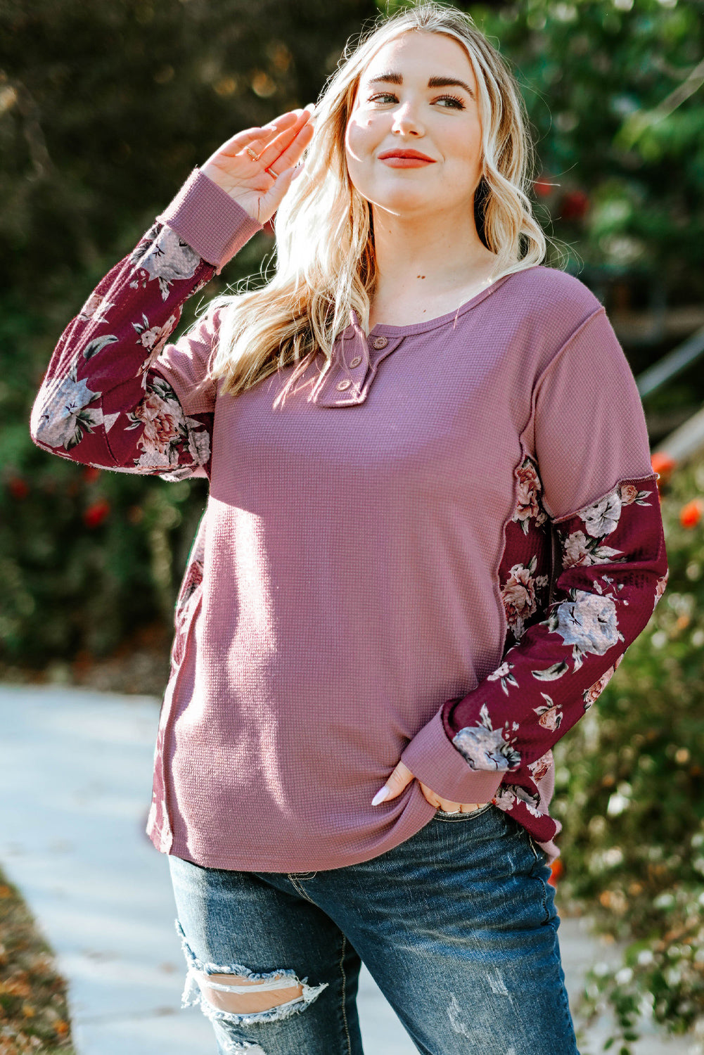 Plus Size Floral Exposed Seam Quarter-Button Henley Top-Jewearrings