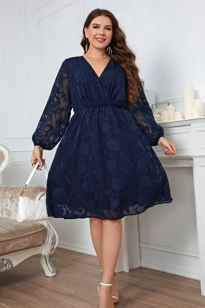 Melo Apparel Plus Size Surplice Neck Balloon Sleeve Dress-Jewearrings