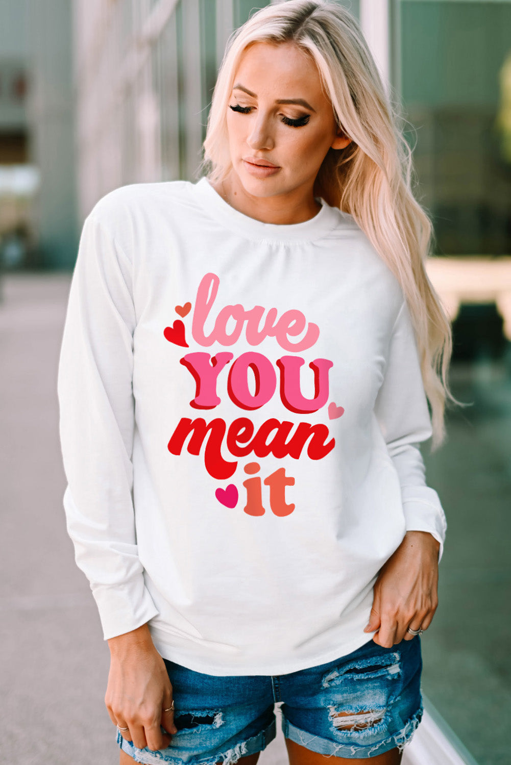 LOVE YOU MEAN IT Crewneck Long Sleeve Sweatshirt-Jewearrings