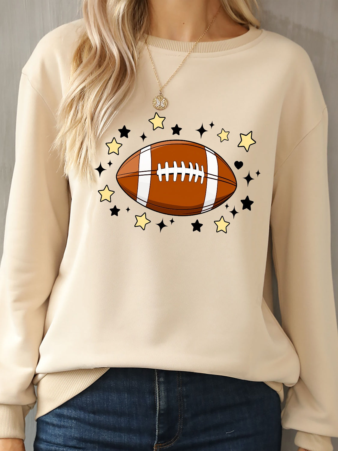 Football Graphic Round Neck Sweatshirt-Jewearrings