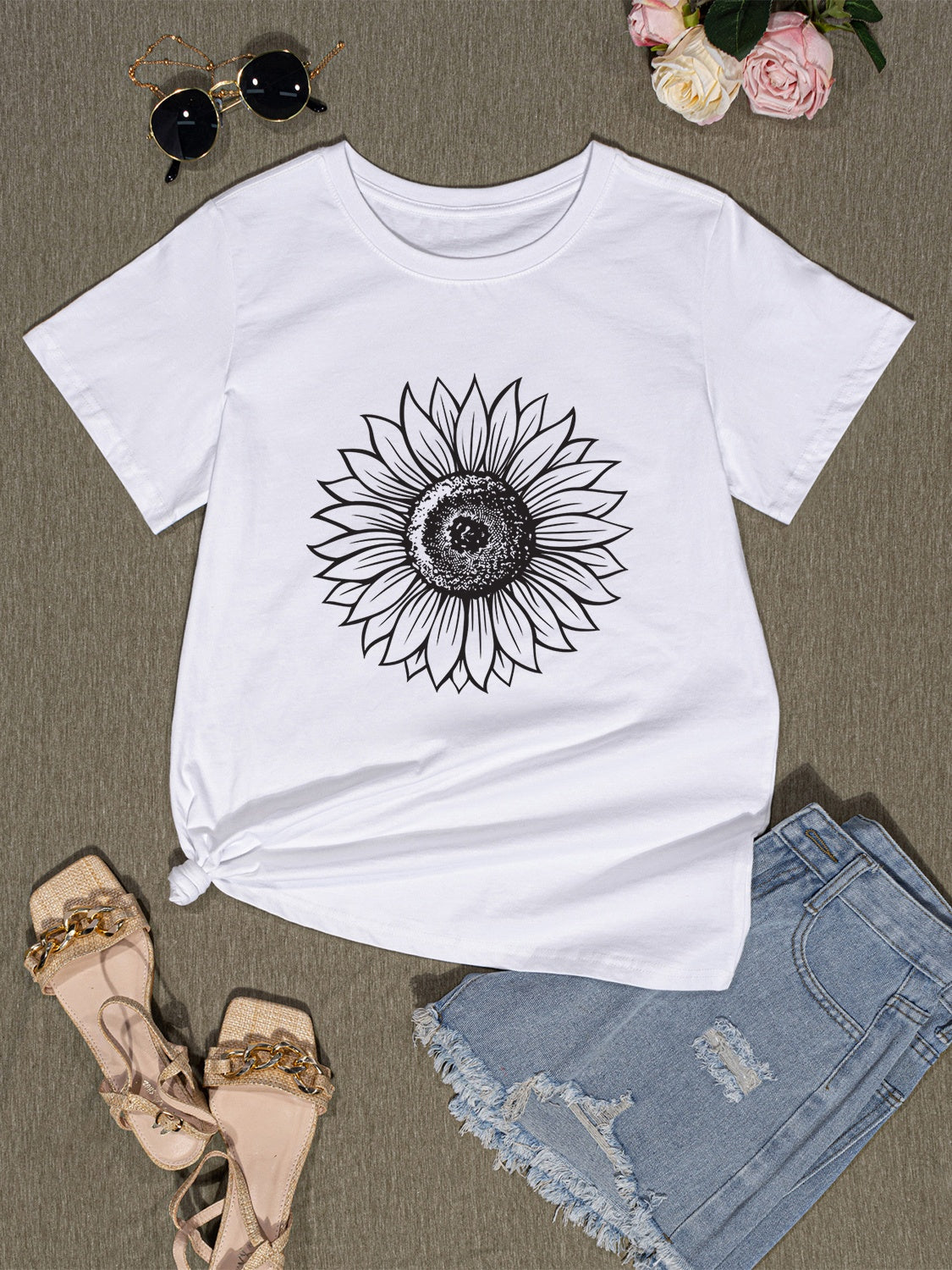 Flower Print Round Neck Short Sleeve T-Shirt-Jewearrings